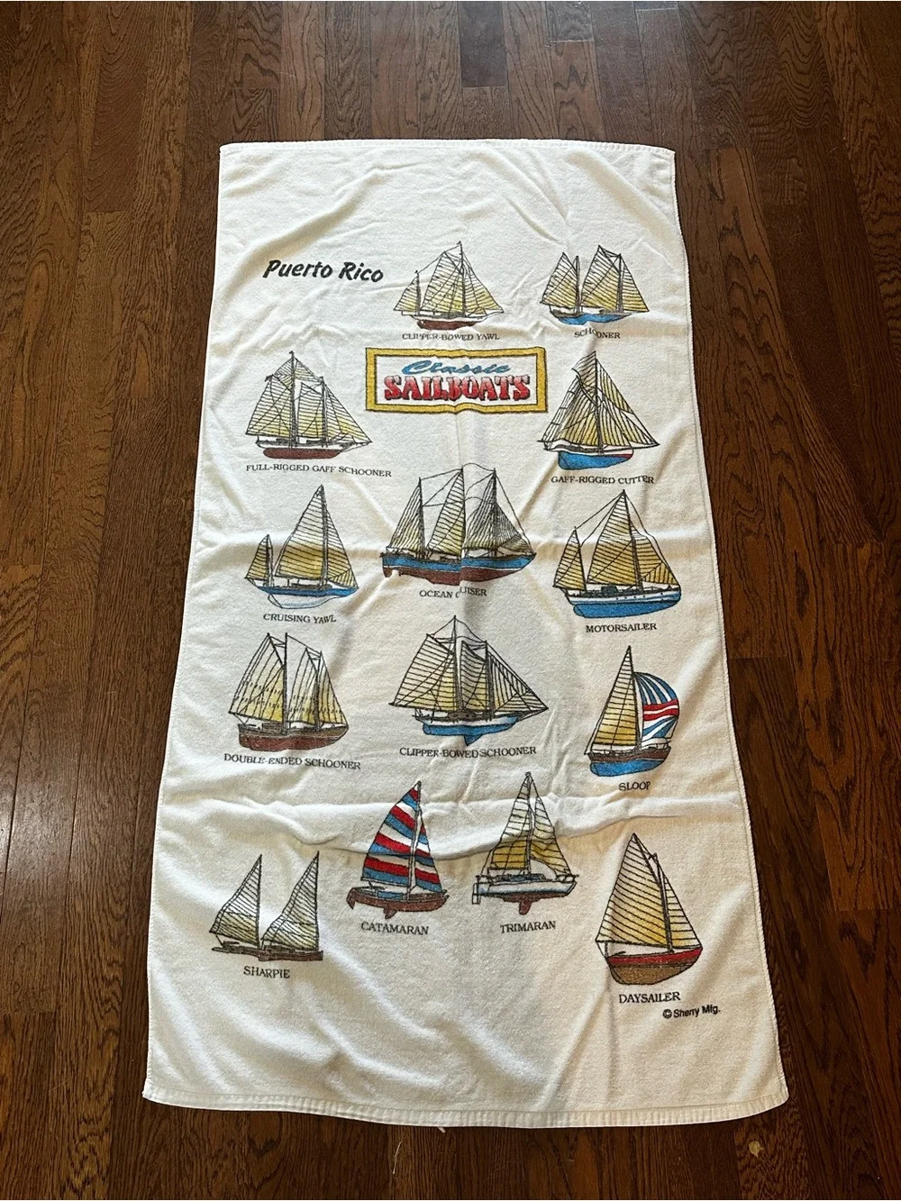 Puerto Rico Classic Sailboats Souvenir White Graphic Beach Towel approx 30”x57”